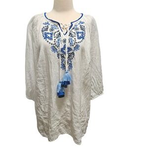 Charter Club Luxury White Linen Embroidered Tassel Tunic Top‎ Blouse Women XL